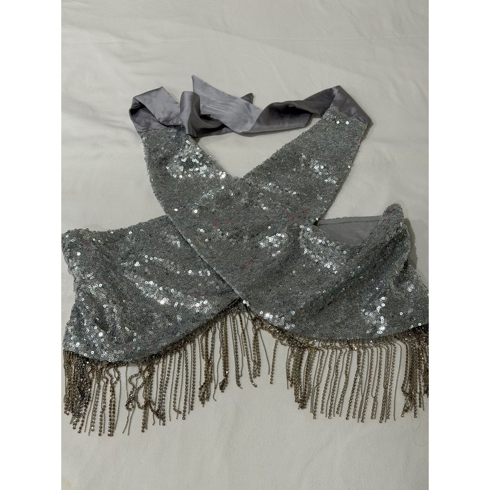 12th Tribe Silver Sequin Rhinestone Fringe Halter Wrap Top Large Festival Party